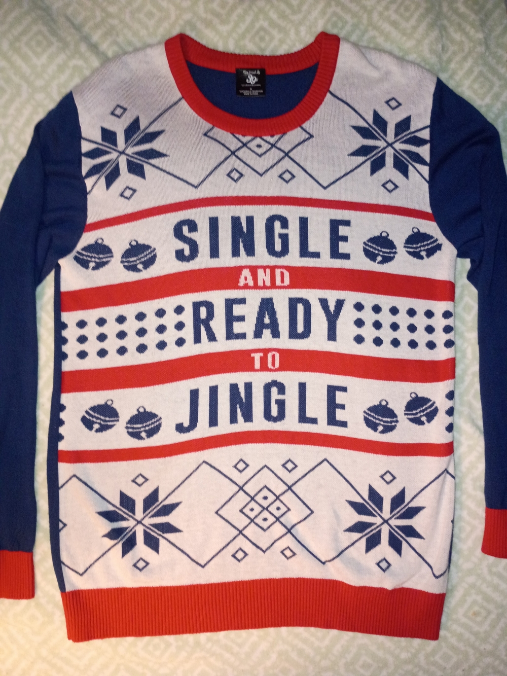 Men's 'Single and Ready to Jingle' Crewneck Holiday Sweater - Blue/Red/White
